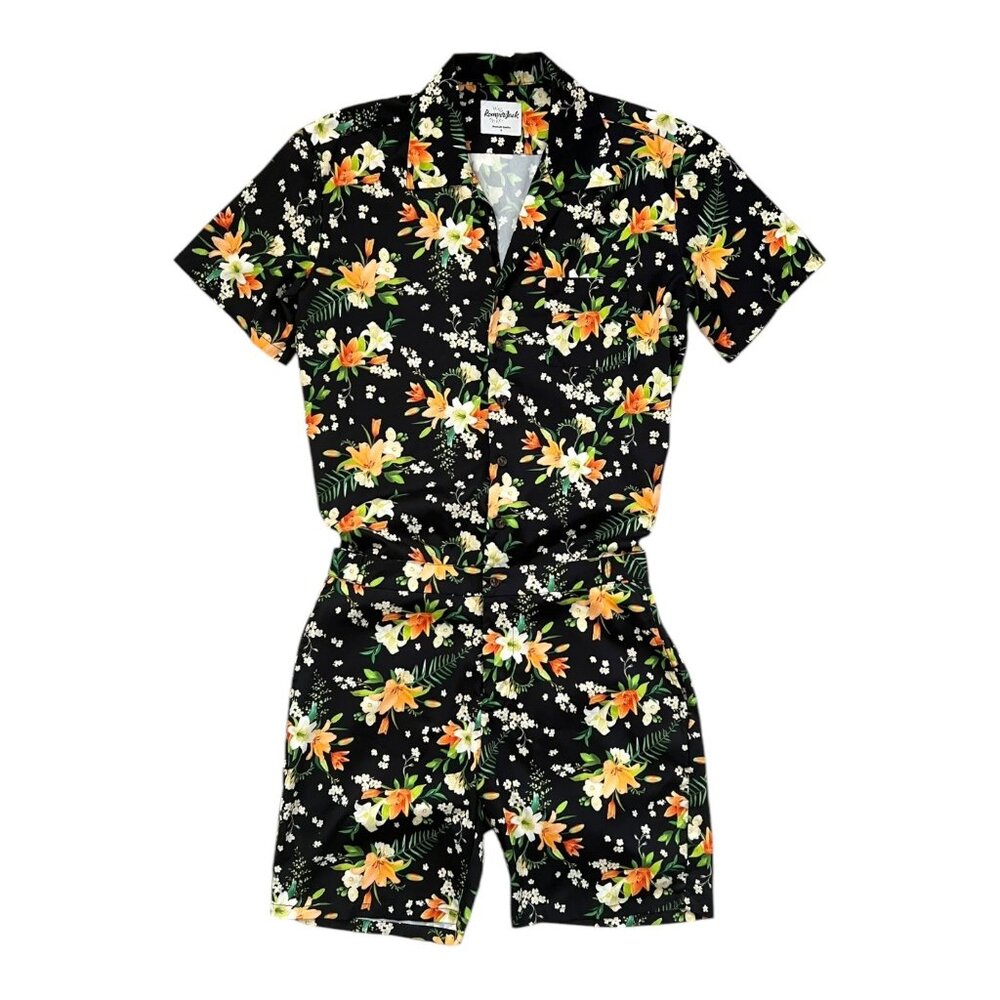 Romper‎ Jack Male Romper Shorts Jumpsuit Tropical Print Black Mens Size Small